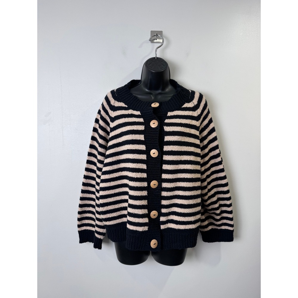Wol Hide Women Black Striped Bomber Knit Cardigan Sweater Organic Cotton M/L